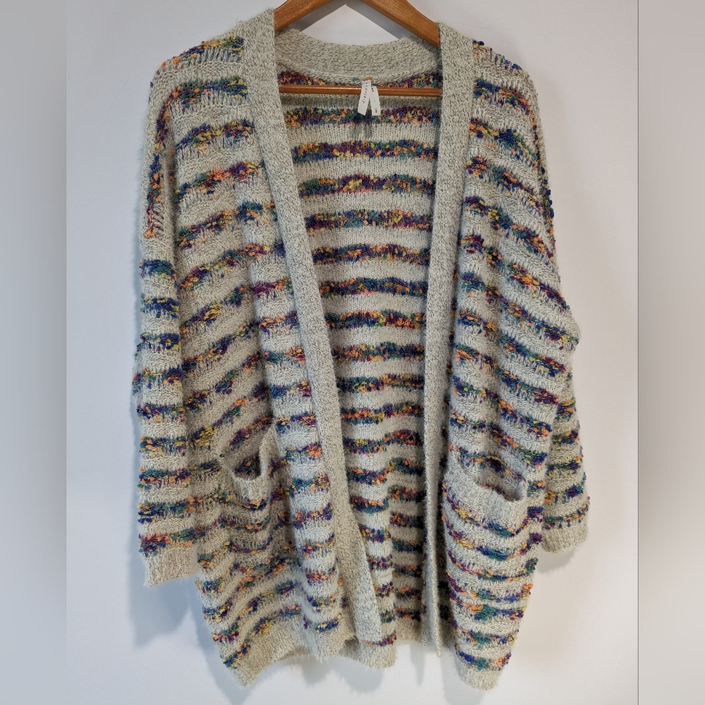 Dreamers Oversized Striped Chunky Knit Open Front Cardigan with Pockets